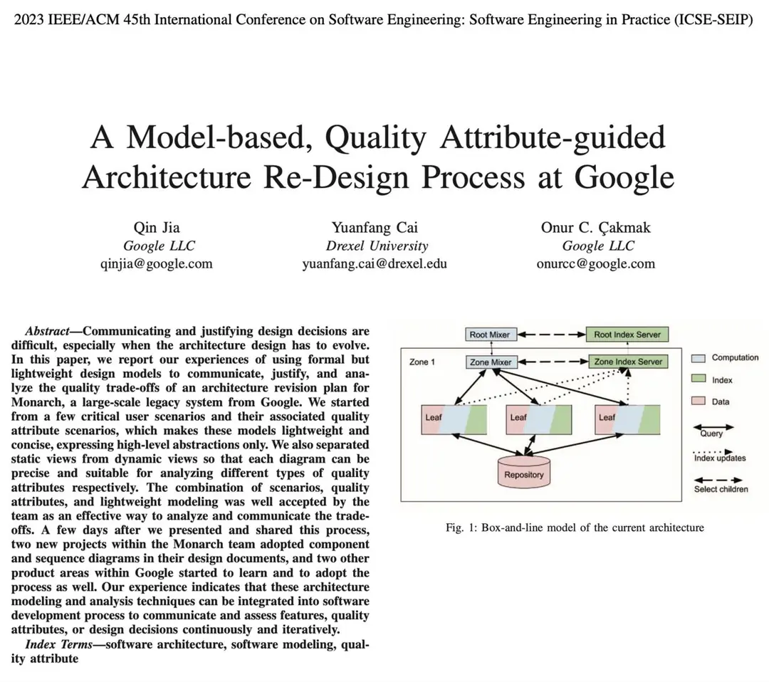 Image 1 of 1 for “A Model-based, Quality Attribute-guided Architecture Re-Design Process at Google”